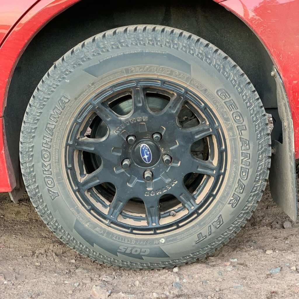 yokohama geolandar all terrain tires on a subaru wrx