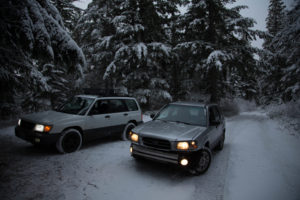 2 subaru foresters on an overlanding trip in the forest