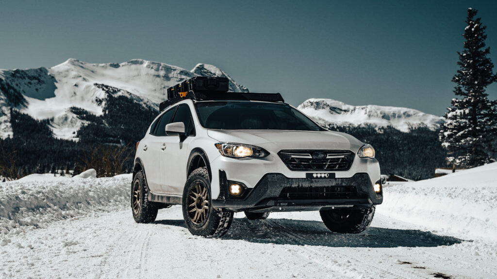 lifted 2020 crosstrek in the snow with falken wildpeak