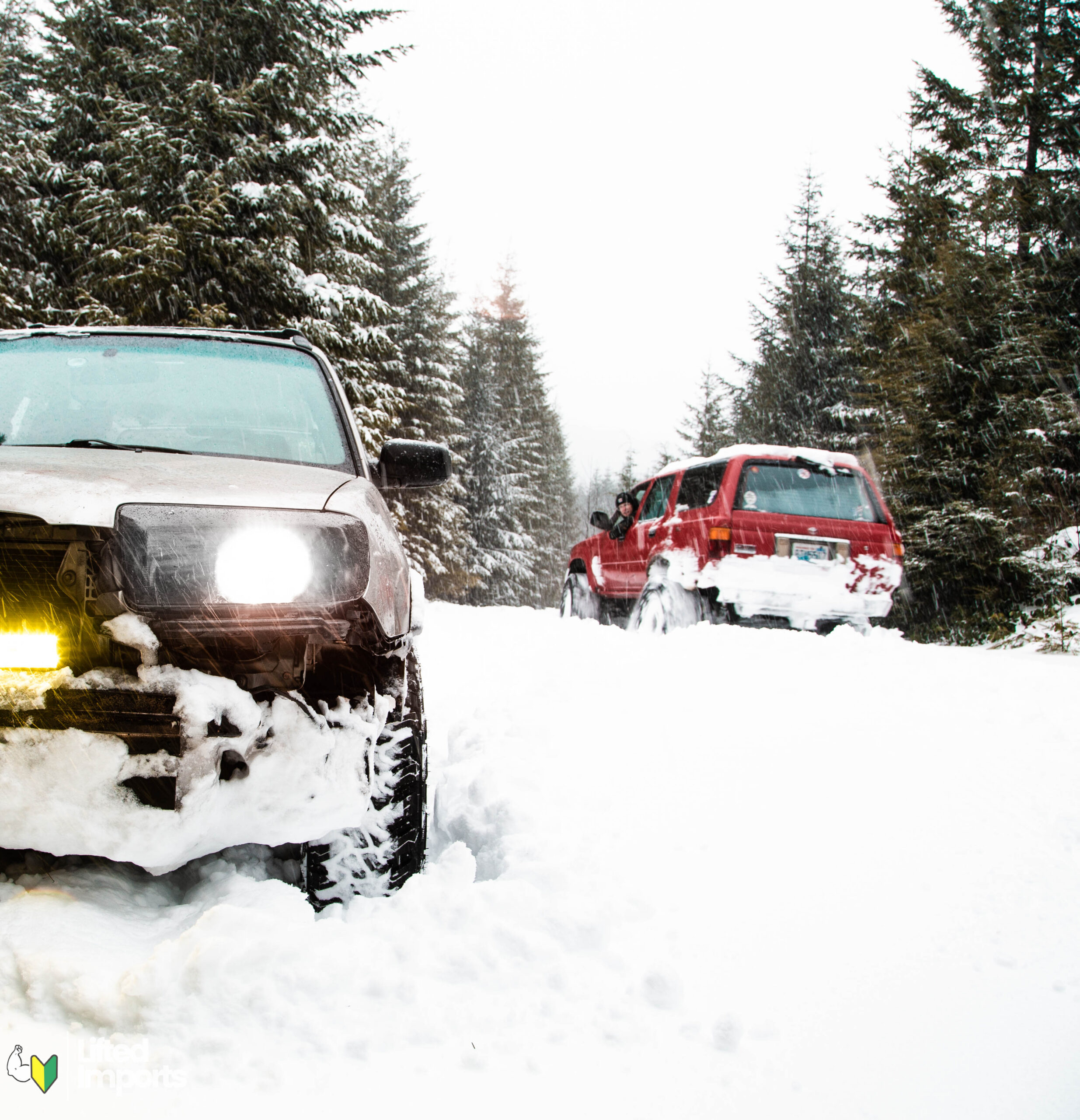 lifted subaru with black rhino boxer wheels and Accelera MT01 tires in the snow