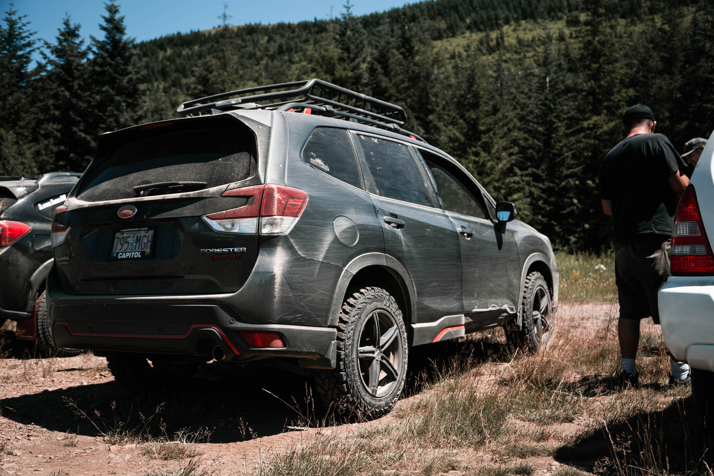 lifted 2020 subaru forester with offroad tires and roof rack