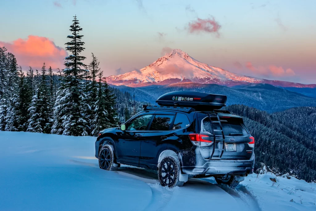 offroad lifted subaru forester in snow mt hood