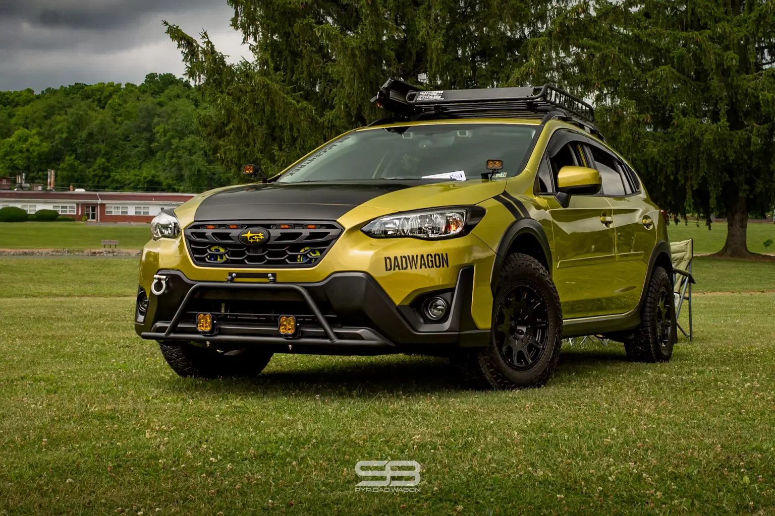 green subaru crosstrek front view